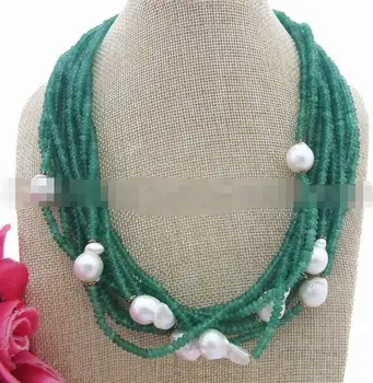 

20" 10 row Faceted Green bead White Pearl Necklace