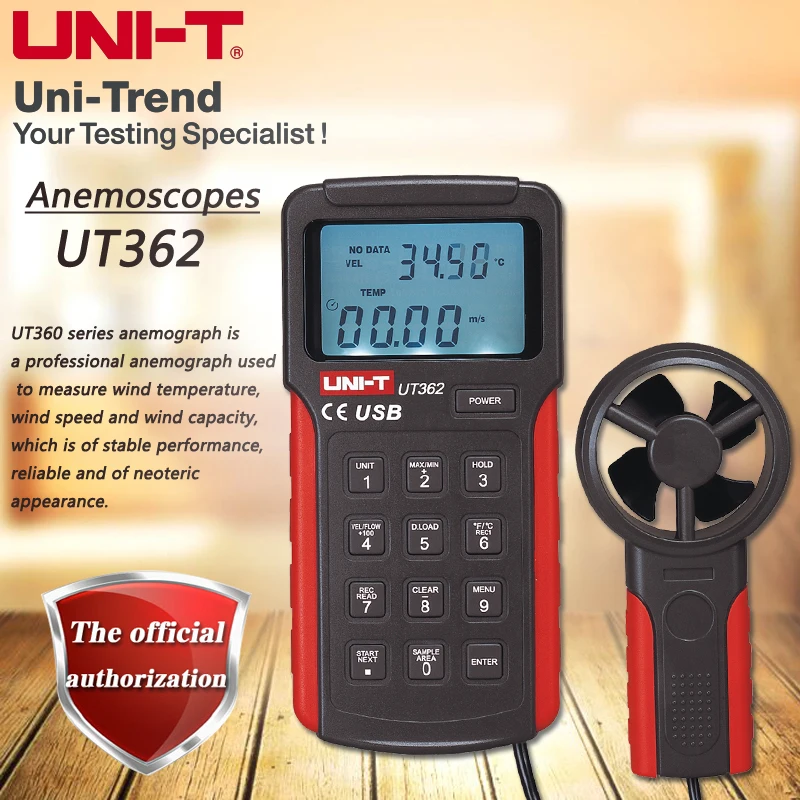 UNI-T UT362 Digital Anemometer Data Storage USB Data Transmission Temperature / Wind Speed / Air Volume Professional Anemometer UNI-T UT362 Digital Anemometer Data Storage USB Data Transmission Temperature / Wind Speed / Air Volume Professional Anemometer