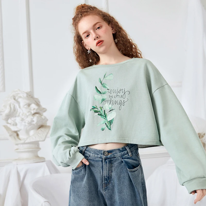 

ARTKA 2019 Spring New Women Long Sleeve T-Shirt Floral Letters Printed O-Neck Loose Casual Tops 100% Cotton Short Tee TA10196C
