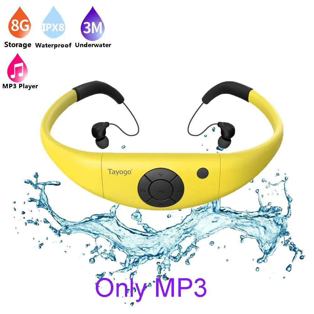 Tayogo водонепроницаемый MP3 плеер bluetooth наушники спортивные IPX8 bluetooth с fm-радио шагомер для плавания Mp3 радио - Цвет: Yellow only mp3