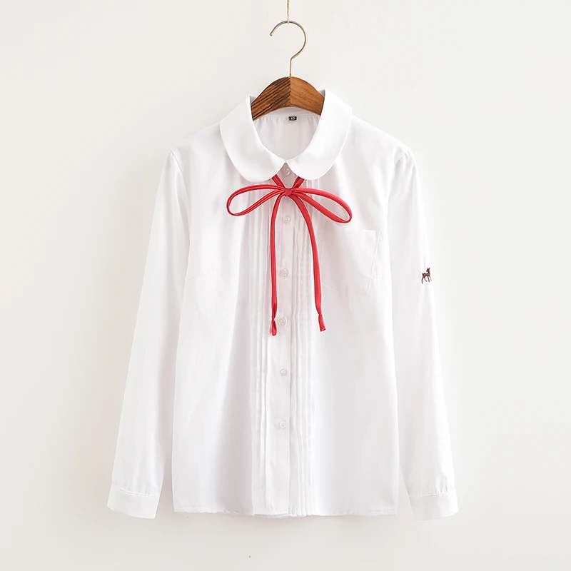 JK uniform Shirt Long-sleeve Round neck Peter Pan collar ,Accordion Pleat, wonderful Forest deer embroidery