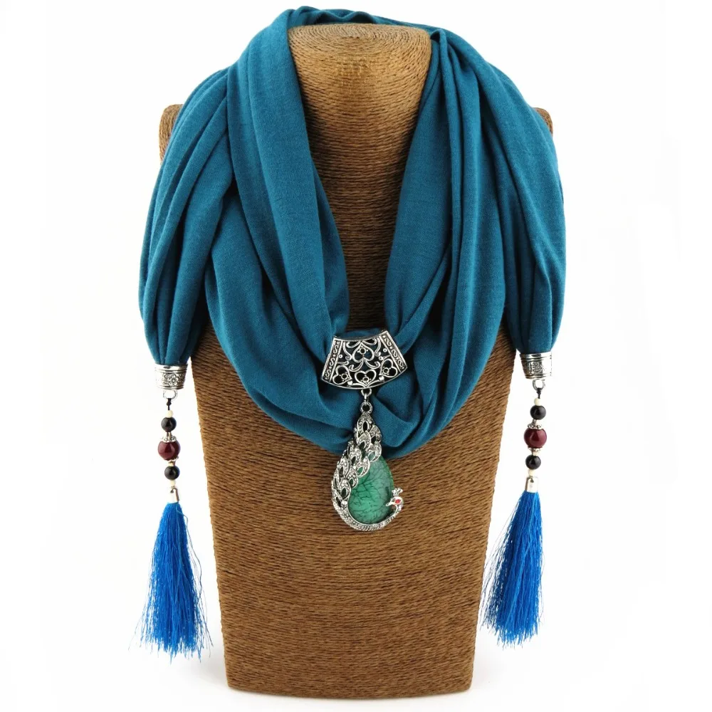 

2017 Exaggerated Silk Scarf Necklace Peacock Pendant Neckerchief Scarves Women Printed Silk Muffler Scarfs Jewelry Bijoux