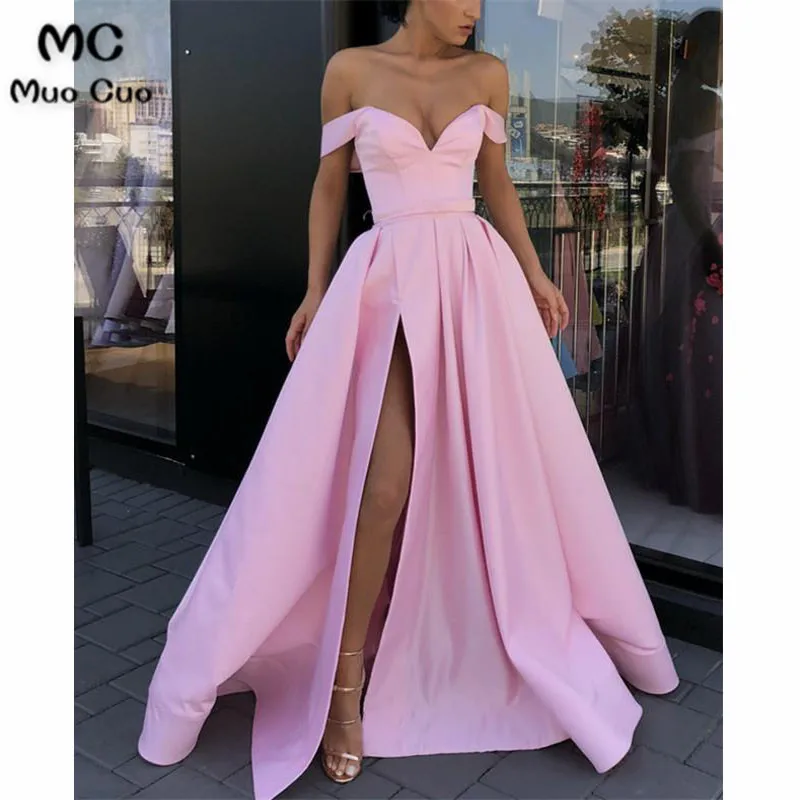 Long Satin V-neck Evening Dresses Off-The-Shoulder Prom Gowns4