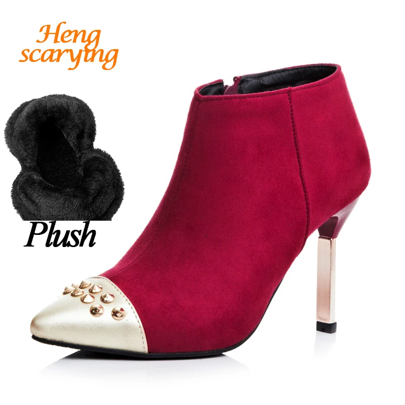 

2018 Plus Size 43 Women 9cm High Heels Ankle Boots Winter Warm Stiletto Red Black Rivet Boots Suede Booties Dress Slipony Shoes