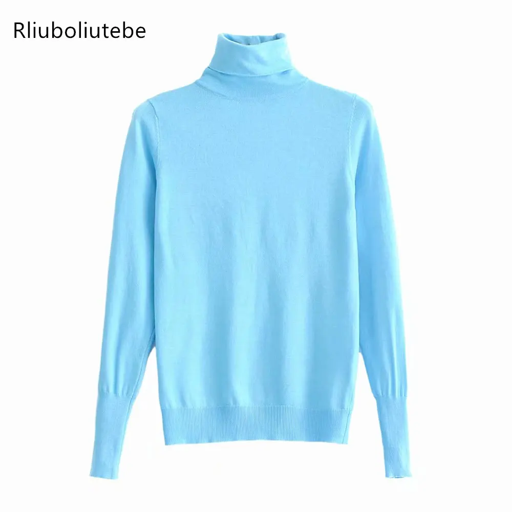 Светильник-водолазка, синий вязаный свитер, Женский вязаный пуловер с длинным рукавом, повседневный джемпер на зиму и весну, черный свитер с высоким воротом