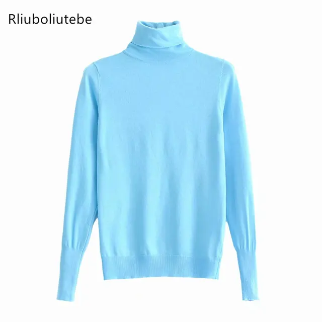 Turtleneck Light Blue Knit Sweater Women Knitted Pullover Long Sleeve