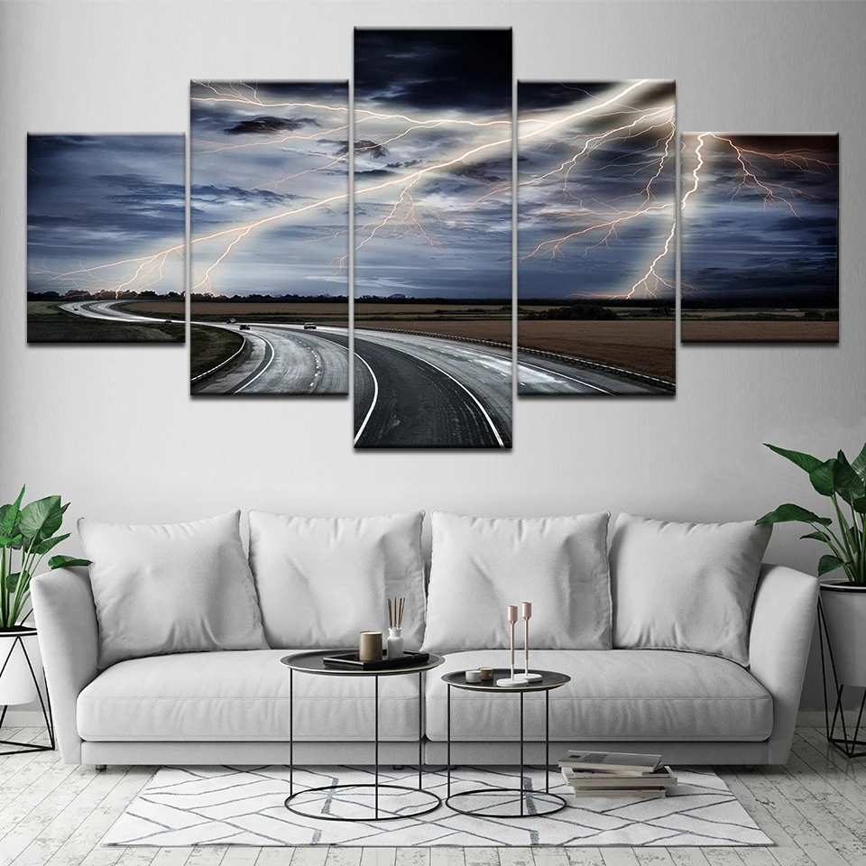 

Canvas Wall Art Pictures Frame 5 Pieces Great Road And Lightning Paintings Modular HD Prints Landscape Poster Living Room Decor