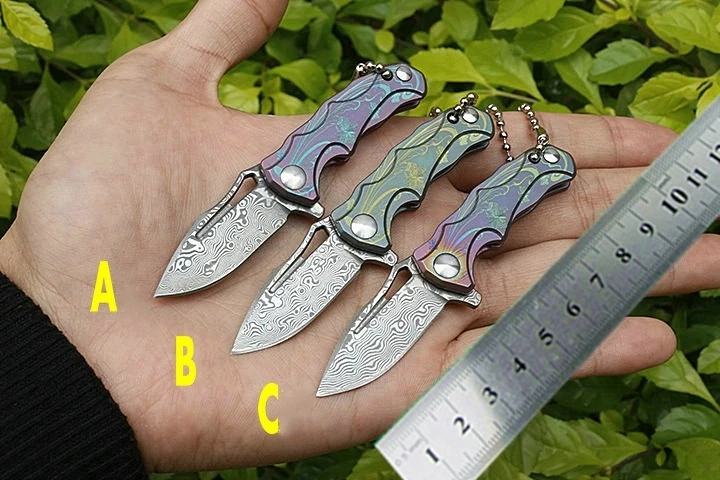 

mini Damascus knife folding knives Titanium handle key chain ring camping survival pocket knifes fishing utility multi EDC tools