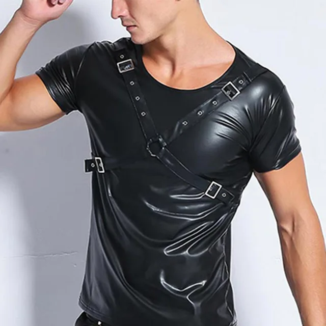 AIIOU сексуальные эротические мужские футболки из лакированной искусственной кожи, черные футболки тугие рубашки, веселые, для фитнеса, для танцев, нижнее белье