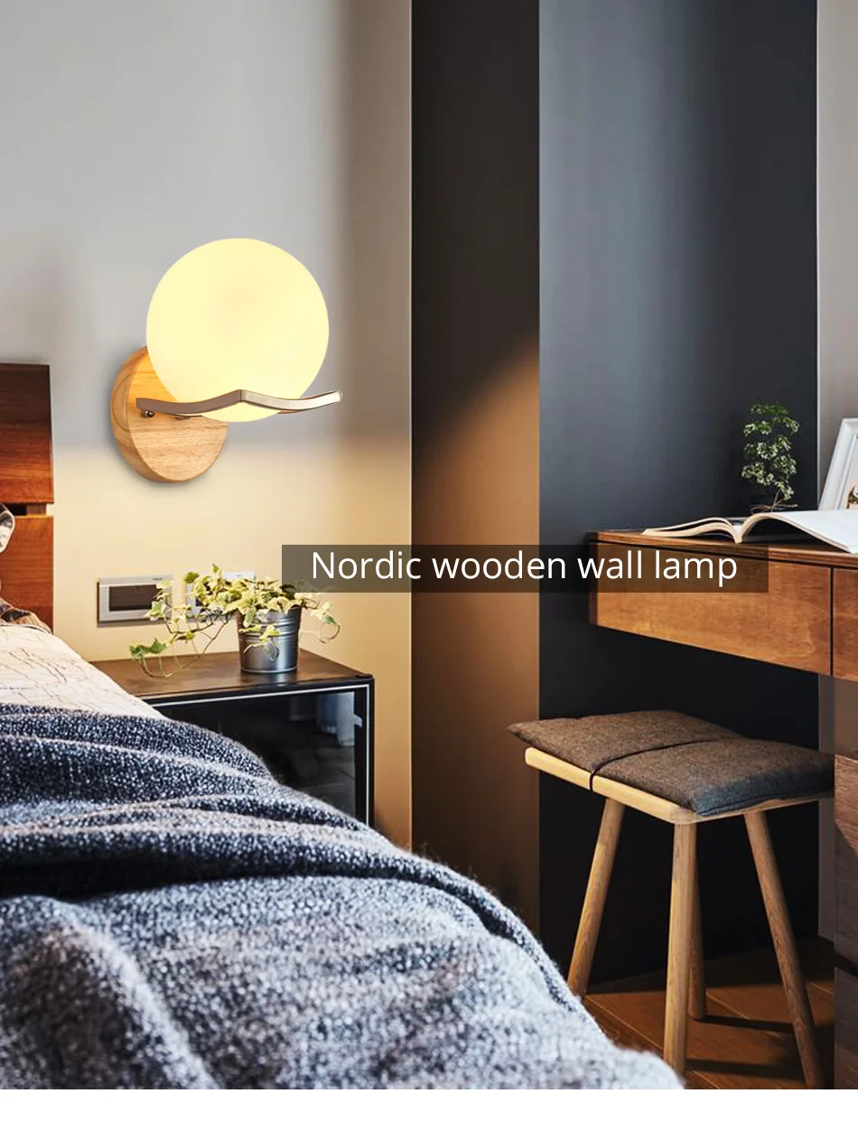 E27 Bulb LED Wall Lamps Sconce Home Hotel Bed room living Corridor Gallery Lighting Modern Nordic Wood Glass Decorative Light (5)