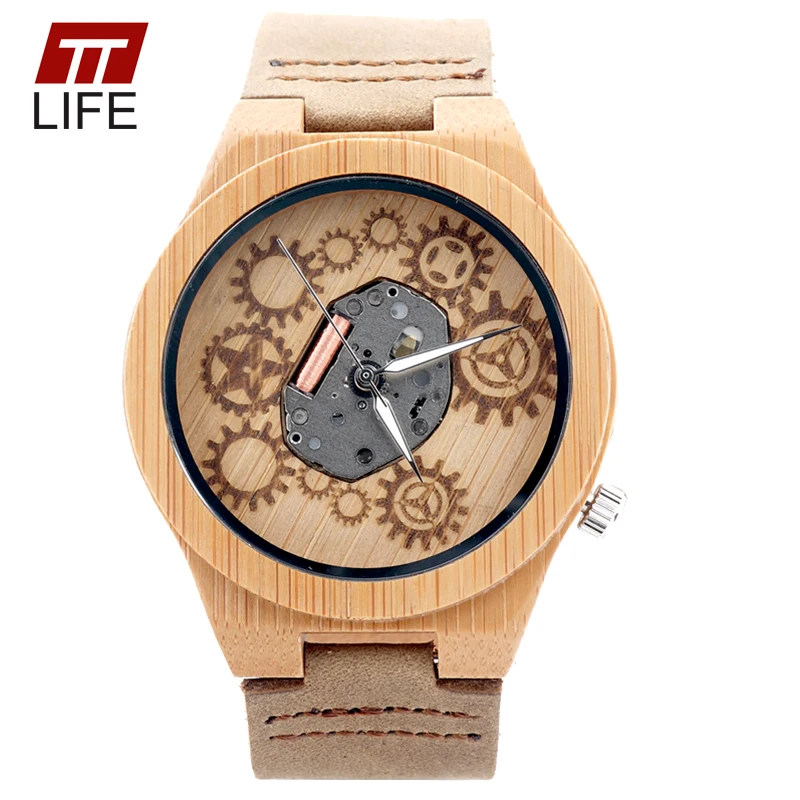 

TTLIFE Exposed Gear Movement Design Bamboo Wood Watch Retro Style Quartz Watch Buckle Clasp Quarzt Wristwatch in Metal Box WD226