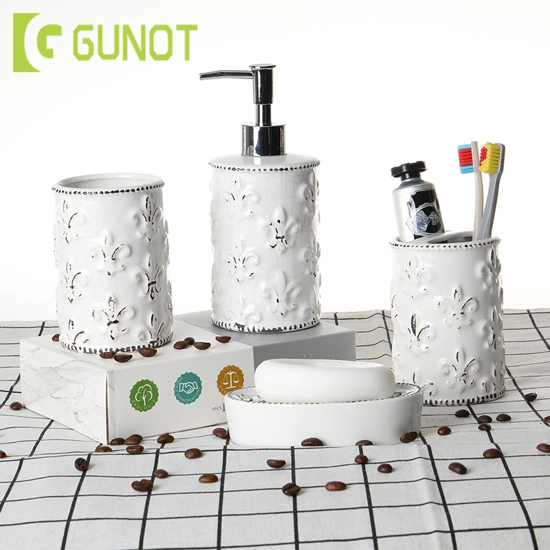 

GUNOT 4pcs/set Ceramics Bathroom Accessories Set Soap Dispenser/Toothbrush Holder/Tumbler/Soap Dish For Bathroom Home Decoration