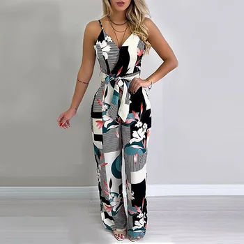 

Spaghetti Strap Sexy V-neck Open Back Women Mixed Print Jumpsuit Summer Sleeveless Bow Tie Belted Jumpsuits Overalls Streetwear