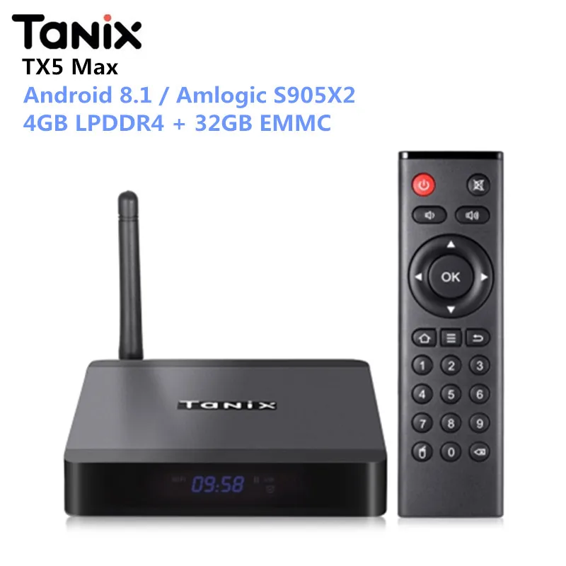 

Tanix TX5 Max Smart TV Box Android 8.1 Amlogic S905X2 4GB LPDDR4 32GB EMMC 2.4GHz+5GHz WiFi BT4.2 Support 4K H.265 Set Top Box