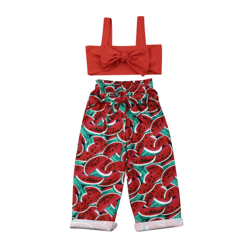 

2019 New Toddler Baby Girl Sleeveless Red Sling Top Bow Pants Sunsuit Summer Outfit Print Watermelon Clothes Set 2PCs 6M-5Y
