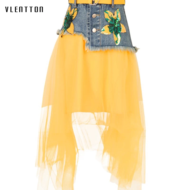 

2019 New Sexy Mesh Spliced Women's Denim Skirt Sequins Sashes Yellow Jeans Skirt Spring Summer Asymmetry High waist Midi Skirts