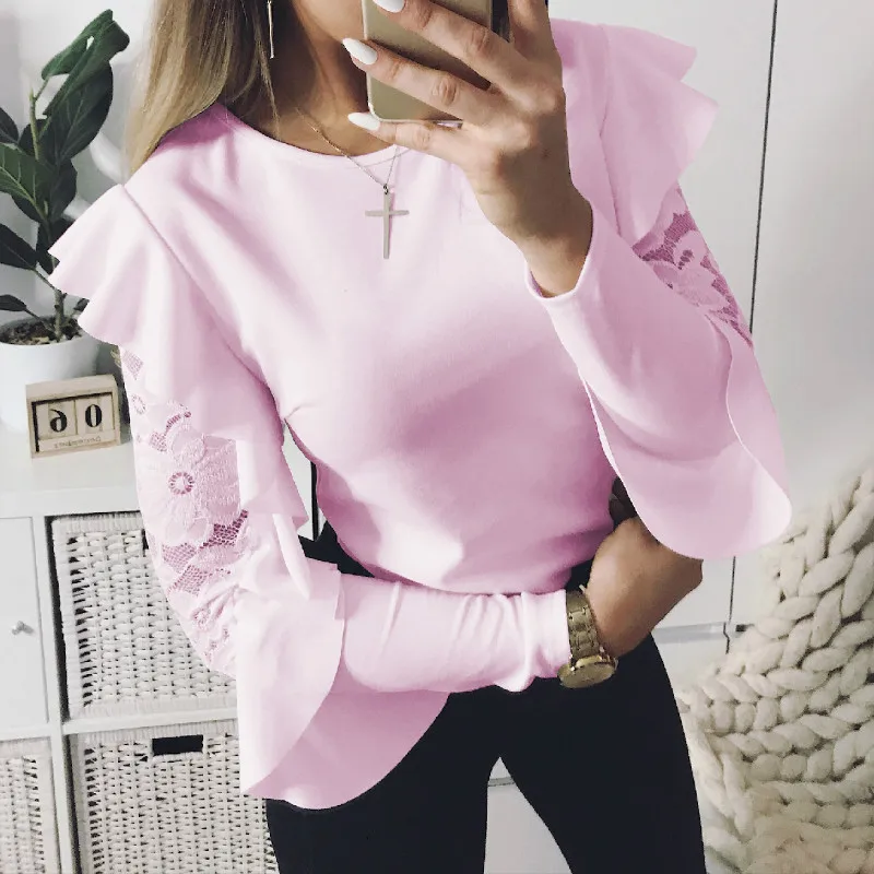 

Sweet Ruffle Girls T-Shirts Women Kawaii Lace Long Sleeve Tshirts 2019 New T Shirts Solid Tee Shirts Femme Plus Size Tops GV342