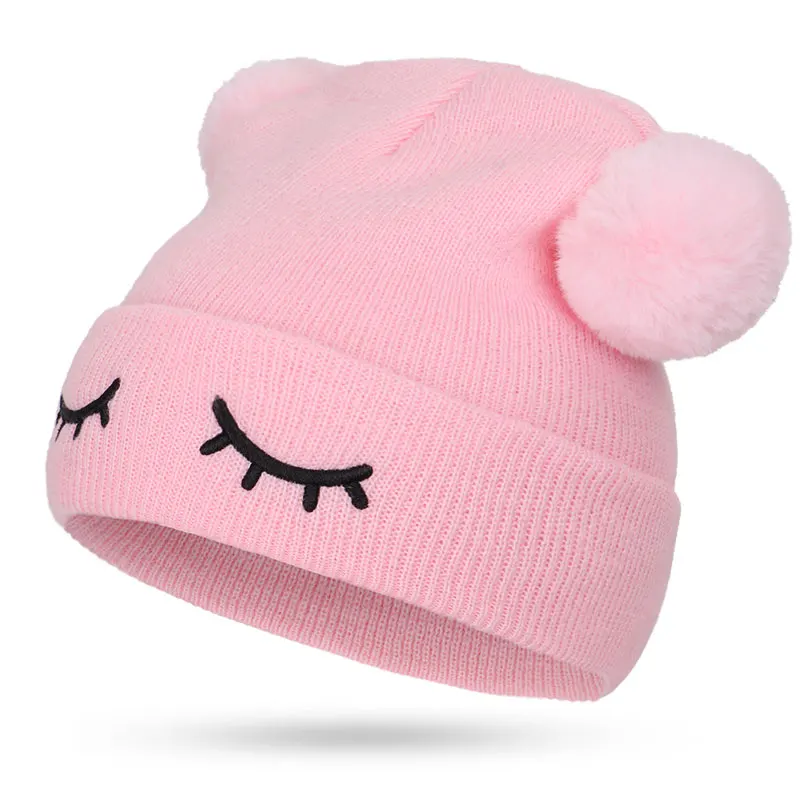 Новая высококачественная детская вязаная шапочка из искусственного помпон из лисьего меха для мальчиков и девочек, зимние шапочки с милой вышивкой Skullies Beanies Kids - Цвет: Pink
