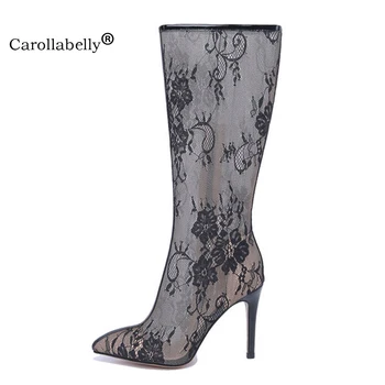 

2018 Autumn Winter Boots Mesh Sexy Women Knee High Boots 9cm Stilettos High Heels Lace Shoes