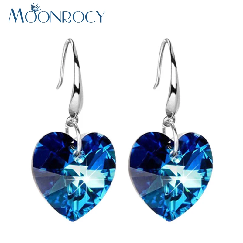 

MOONROCY Fashion Trendy Jewelry Wholesale Silver Color Cute Blue Heart Earrings Hook For Women Girls Lovers Gift Drop Shipping
