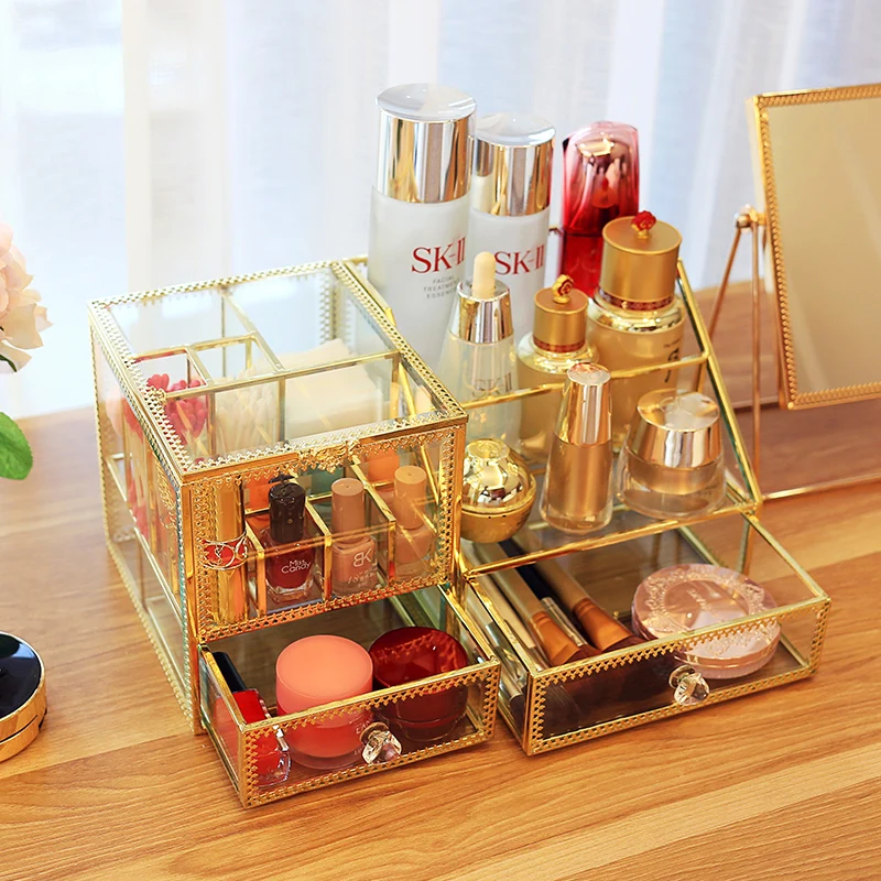 Dressing table cosmetic storage box glass European skin care finishing retro princess household lipstick brush cotton swab box