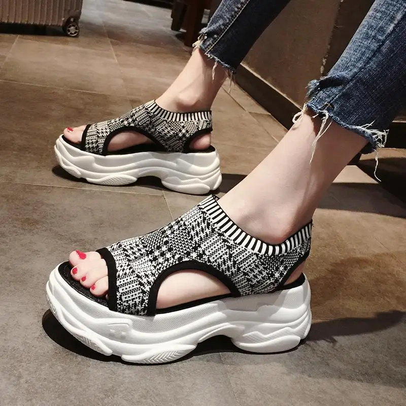 

New Black Sandals Woman Flyknit Solid Women's T-Strap Wedges Sandals Air Mesh Low Heel Sandal Shoes For Summer Ladies Student