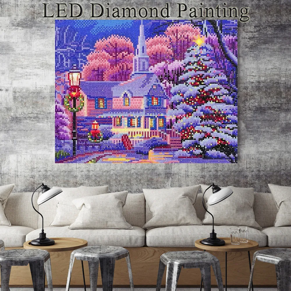 

Huacan Diamond Embroidery LED Light 5D Diamond Painting Landscape Diamond Mosaic Winter 30x40cm With Frame Christmas Decoration