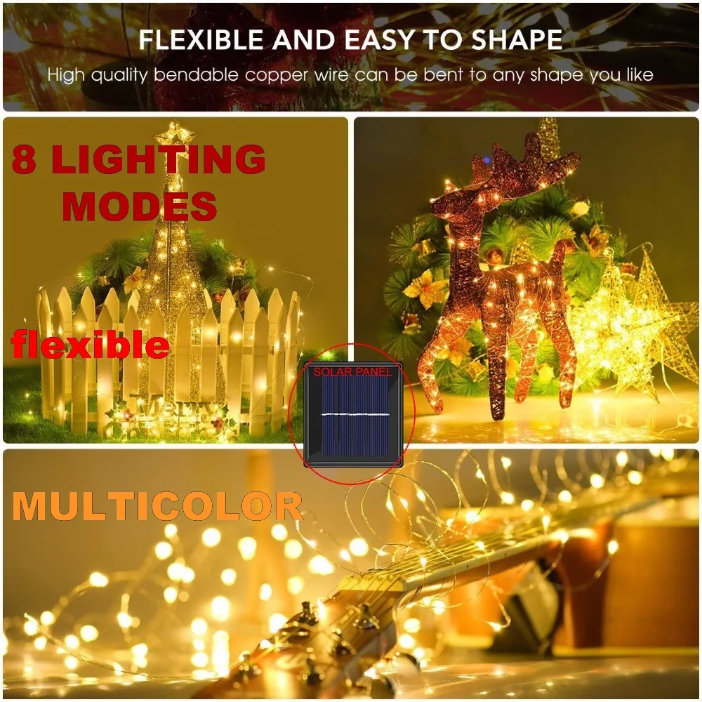 

8 modes multicolor 20M 10M led outdoor Solar wire string light WARM White colourful holiday lamp christmas party wedding decora