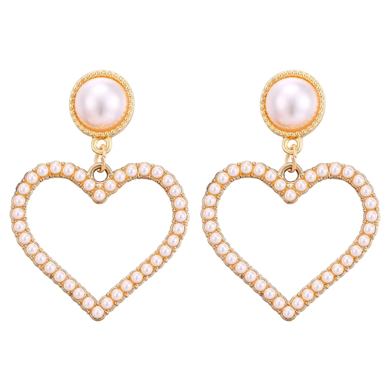 

Poputton Fashion Korean Gold Color Love Heart Shaped Earrings For Women Big Vintage Pearl Dangle Drop Earrings 2019