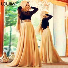 Muslim/Arabic Hunter Green/Champagne Evening Dress Long Sleeve Prom Dresses With HiJab DuBai vestido de festa Free Shipping