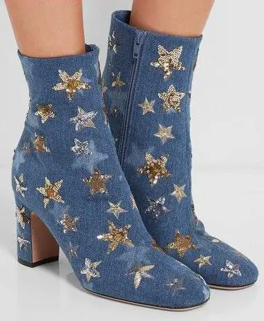 

Spring Hot Glitter Stars Women Fashion Ankle Boots Round Toe Zipper Side Ladies High Heel Boots Knight Style Female Dress Boots