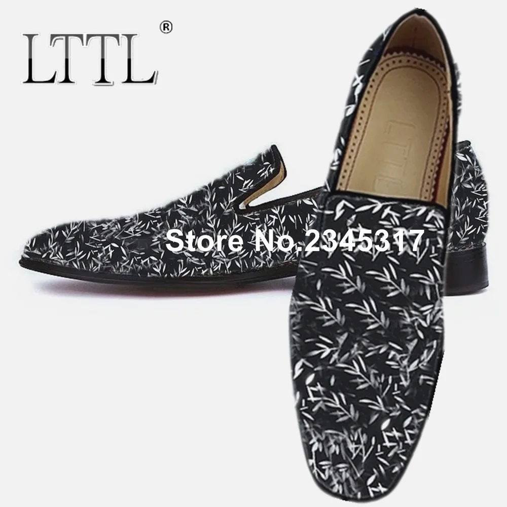 

Men Black Loafers With Prints US 6-13 Square Toe Red Sole Men Party And Prom Shoes Fashion Summer Male Smoking Slippers