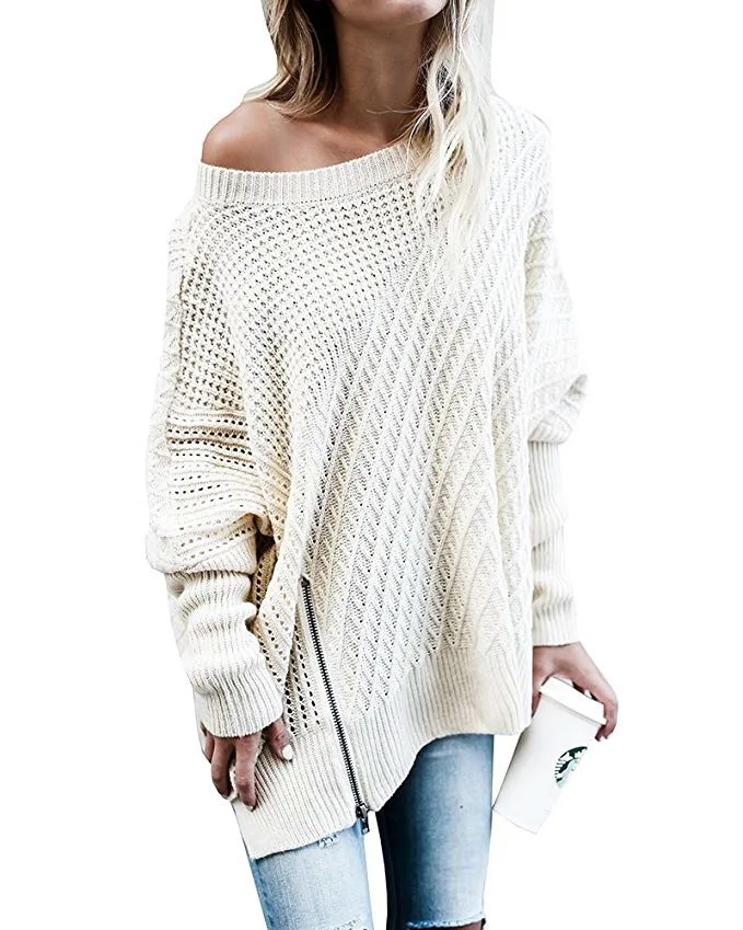 

2019 Fall And Winter New Street Fashion Sweater Women Zipper Bat Sleeve Sweate Sexy strapless bat sleeve knit top