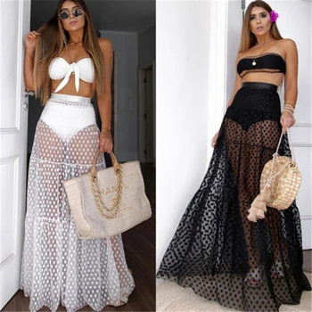 

Women Sexy Skirt High Waist Dot Cover-Ups Summer Transparent Long Maxi Skirt Female Beach Mesh Cover Ups