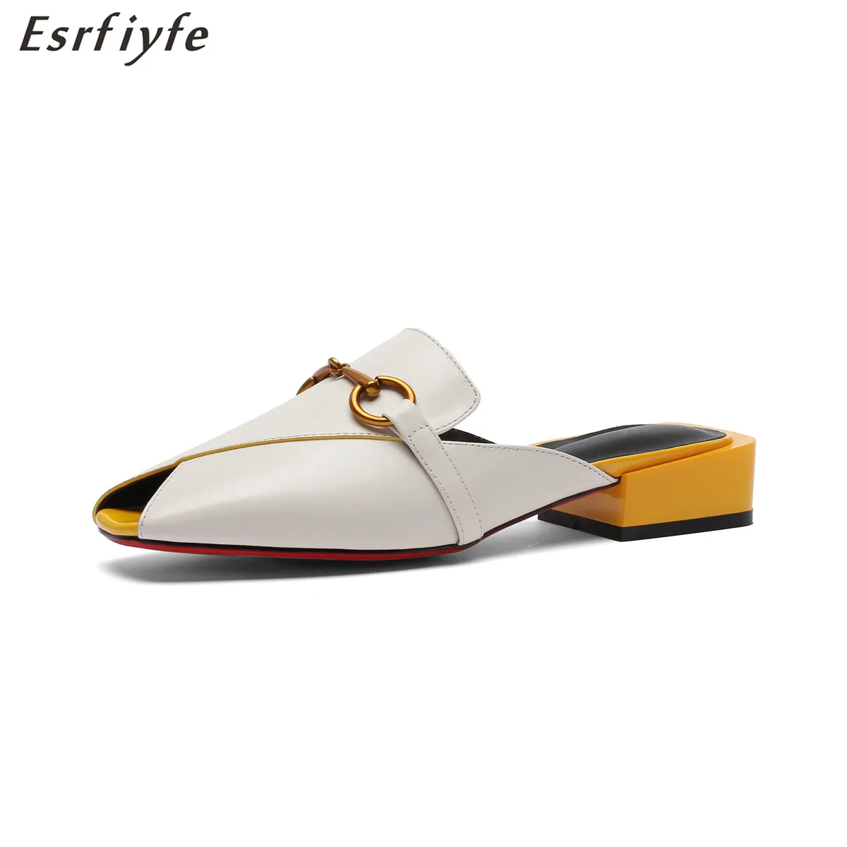

ESRFIYFE Women Slipper Metal Decoration Genuine Leather Slippers Spring Summer Party Wedding Shoes Woman Casual Rome Mules Shoes