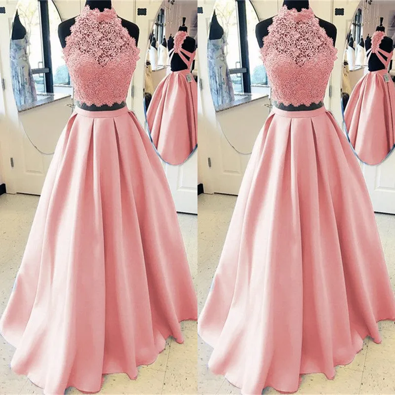 Pink Two Piece Prom Dresses Long 2021 vestidos de fiesta largos elegantes gala A Line Lace Special Occasion Dress Formal Gown | Свадьбы и
