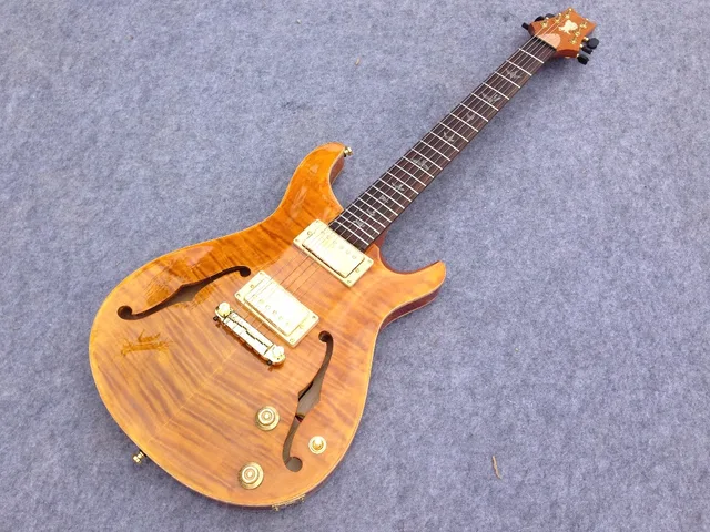 Cheap Hot sell Double f hole  custom PRSR electric guitar ,flamed maple top ,gold hardware