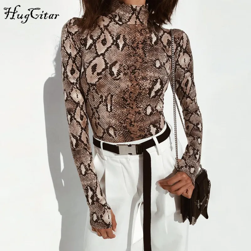 Hugcitar high neck long sleeve sexy bodycon snake print bodysuit 2019 autumn winter women fashion body Hugcitar high neck long sleeve sexy bodycon snake print bodysuit 2019 autumn winter women fashion body
