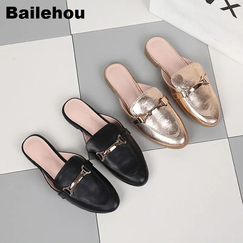 

Women Slippers Big Size 36-41 Slip On Mules Flat Women Casual Shoes British style Buckle Slipper Outdoor Slide Low Heel Footwear