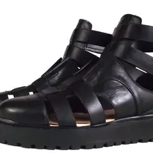 Черные ботильоны короткие гладиаторы без каблука Каблучки натуральной кожи вырезать Для мужчин sandalias Strappy Мокасины Zapatillas в римском стиле для отдыха Сандалии для девочек