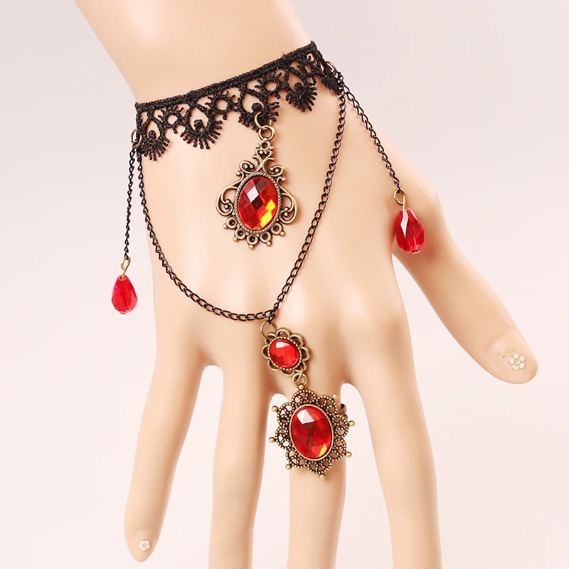Women Fashion Jewelry Sets Rhinestone Ring And Bracelet Set Black Lace Jewellery Garment Costume