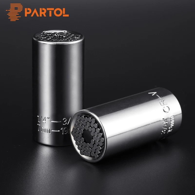 

Partol Multi Universal Ratchet Socket 7-19mm Power Drill Adapter Torque Wrench Head Set Sleeve Spanner Key Grip Car Hand Tools