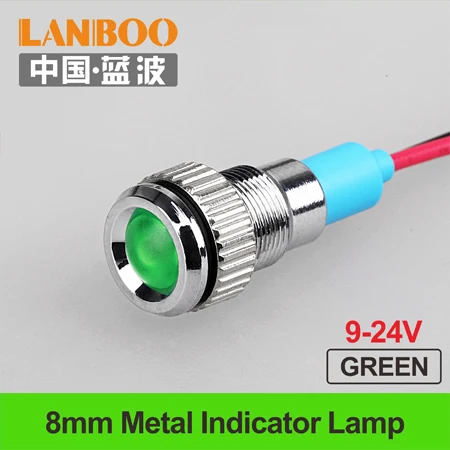 LANBOO 8 мм Предупреждение ющий светодиодный индикатор с проводом 3V12V24V220V380V светодиодный пилот, сигнальный огонь белый красный желтый синий зеленый - Цвет: 8mm-GREEN-(9-24V)