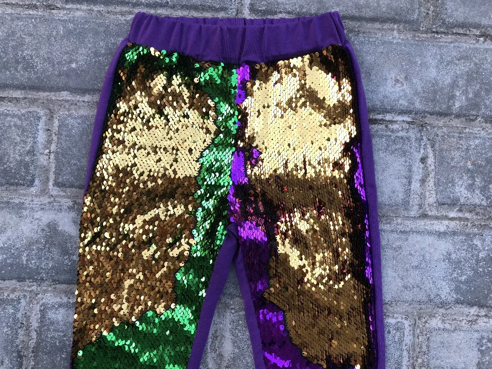 Mardi Gras, двухсторонние лосины с блестками, модные блестящие леггинсы для девочек, фиолетовые, золотистые, зеленые штаны, детские леггинсы, штаны для девочек