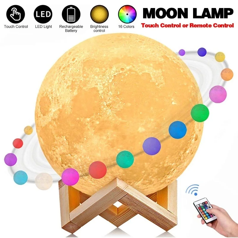 

8/10/13/15/18/20 CM Moon Lamp, 16 Colors LED 3d Print Moon Light with Stand & Remote&Touch Control and USB Rechargeable