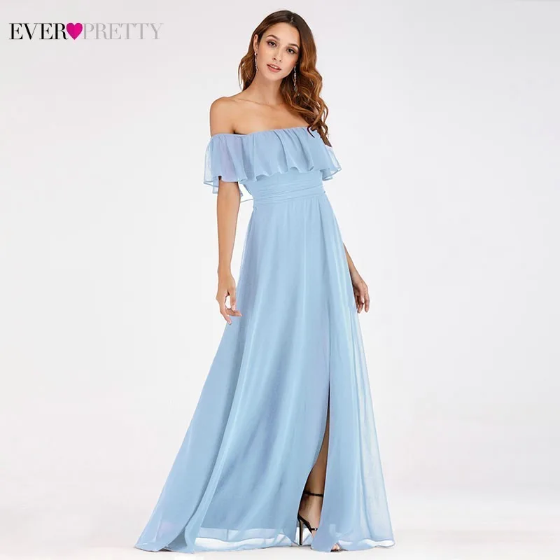 Красивые элегантные платья подружки невесты размера плюс с открытыми плечами, с разрезом по бокам, с рюшами, шифоновые Свадебные платья для гостей, Vestido Madrinha - Цвет: Blue