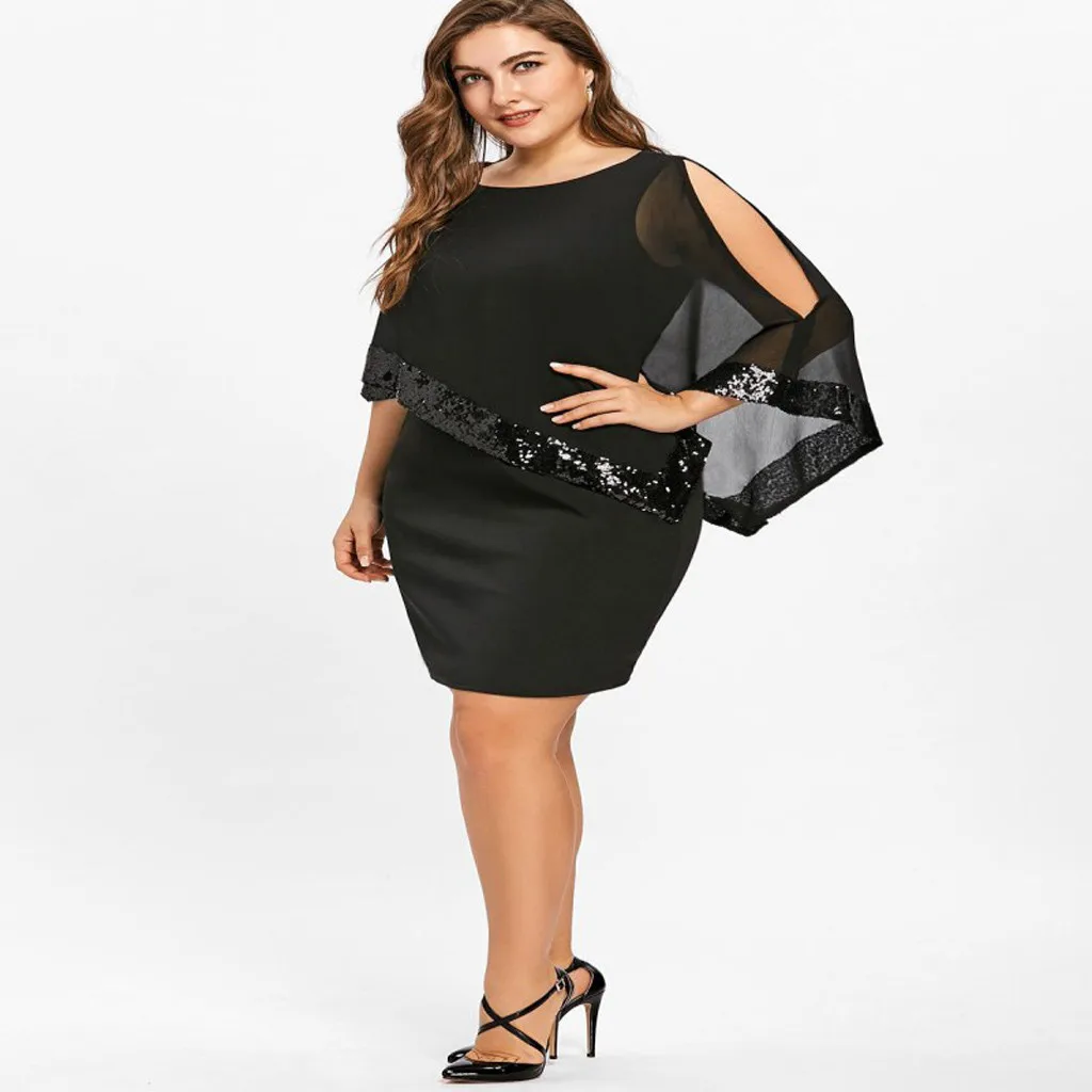 

MUQGEW XL Big Size Dresses 2019 Women Plus Size Cold Shoulder Overlay Asymmetric Chiffon Strapless Sequins Dress