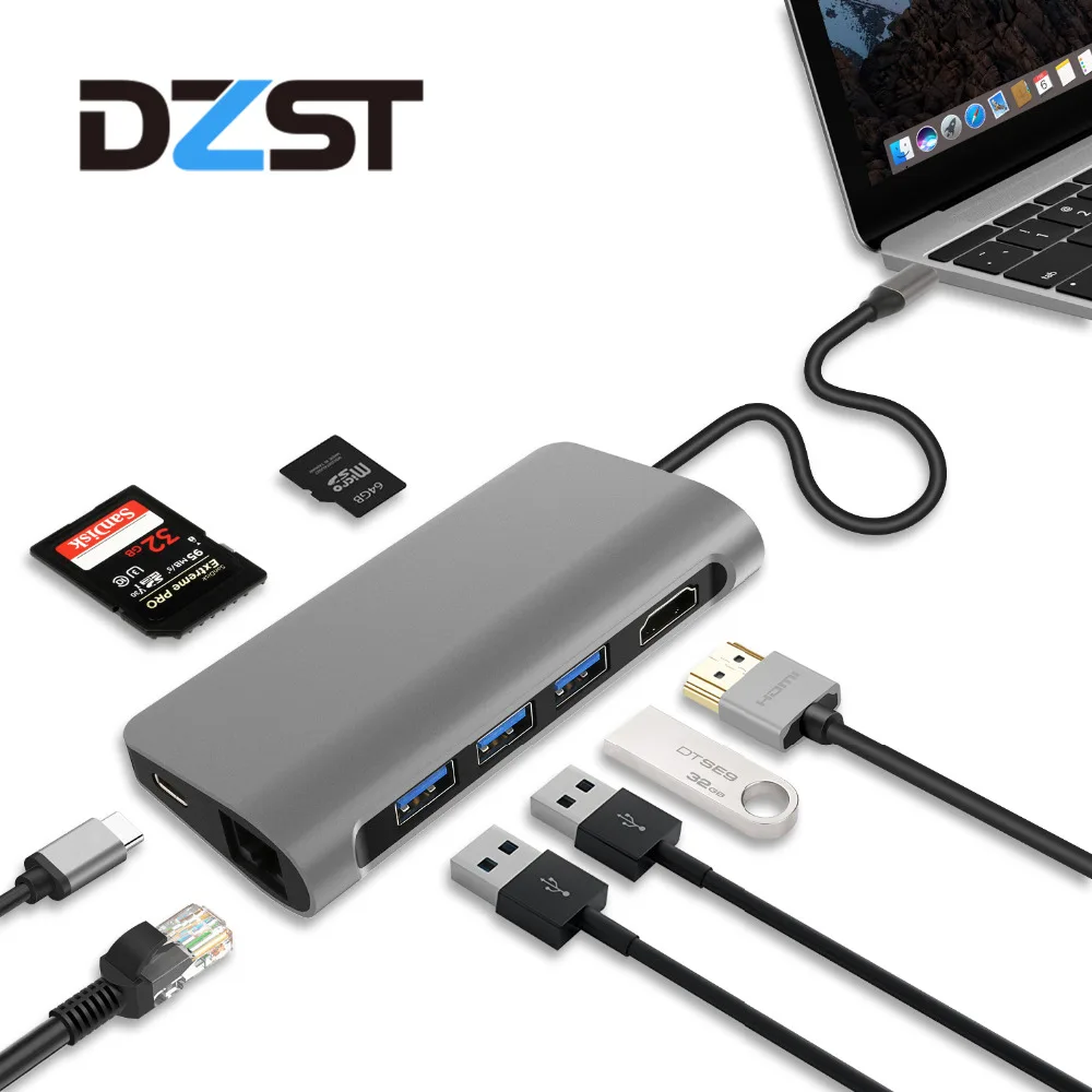

DZLST USB C 3.1 hub to Ethernet LAN HDMI 4K SD/TF Card Reader USB 3.0 PD Combo HUB Splitter For Macbook Pro Samsung S9/S8/S8+