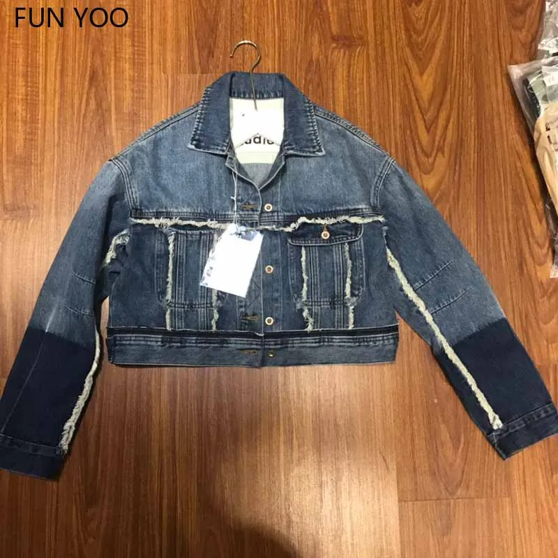 

2019 Autumn Female Denim Cotton Short Jacket Single Breasted Turn down collar Pockets Full Sleeve Coat