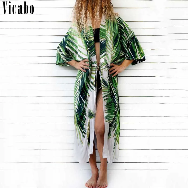 Vicabo женские пляжные в стиле бохо летние каникулы кимоно кардиган свободные длинные кофта для хипстеров богемный Отпечатано отпуск Blusa Feminina